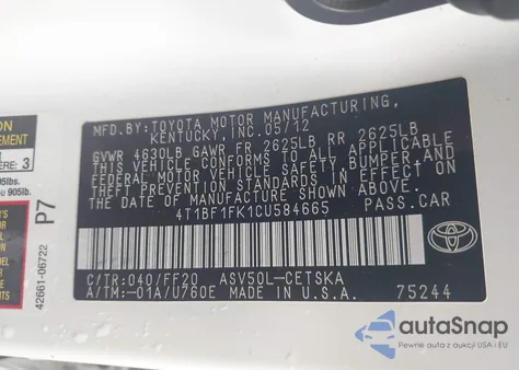 2012 Toyota Camry Se from USA, damaged, VIN 4T1BF1FK1CU584665
